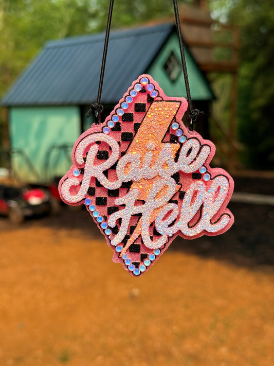 “Raise Hell” Checkered Lightning Bolt Diamond Pendant Freshie
